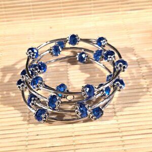 Silver Tone Crystal Wrap Bracelet With Blue Faceted Beads & Filigree Details